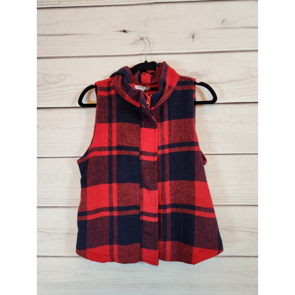 Favlux Women's Black Red Plaid Sleeveless Full Zip Hooded Vest Jacket Medium NWT